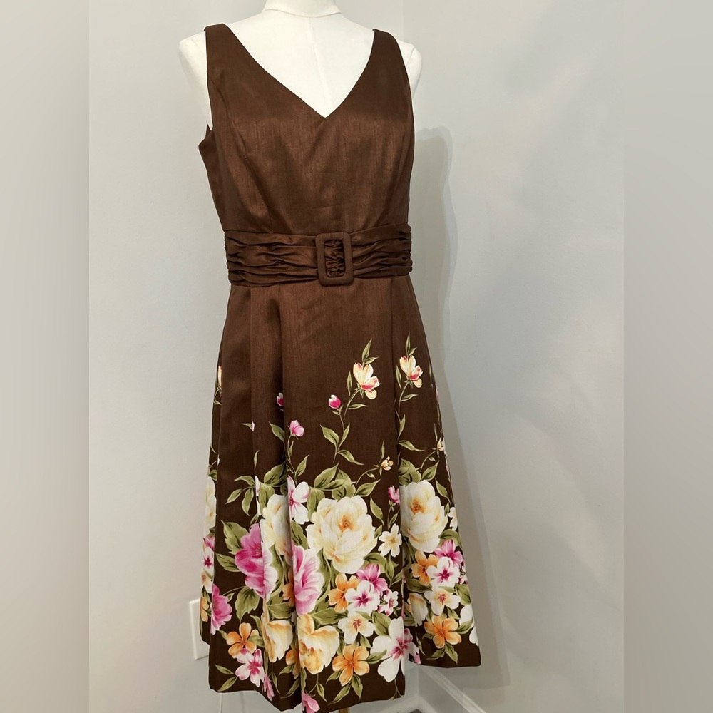 Jessica Howard Brown Floral V-neck Ruched Pleated A-Line Dress Size 10 ECU